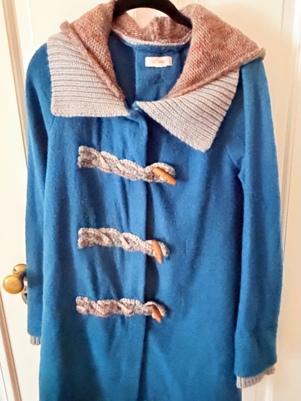 Anthropologie Blue Toggle Front Women's Sweater Coat with Contrast Hooded Collar